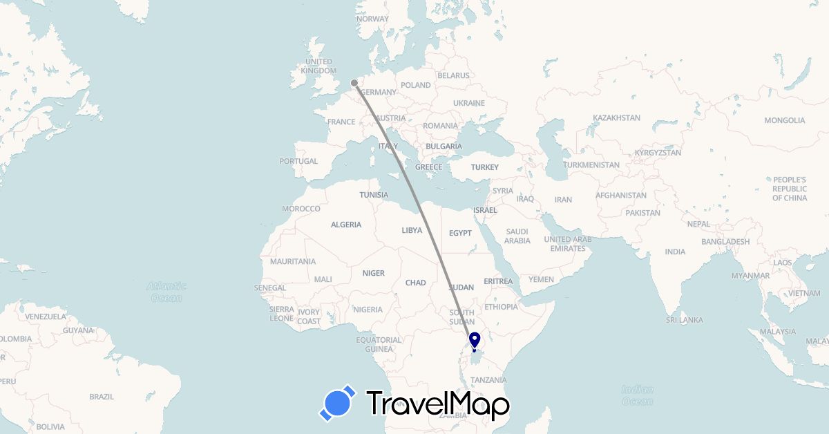 TravelMap itinerary: driving, plane in Netherlands, Uganda (Africa, Europe)